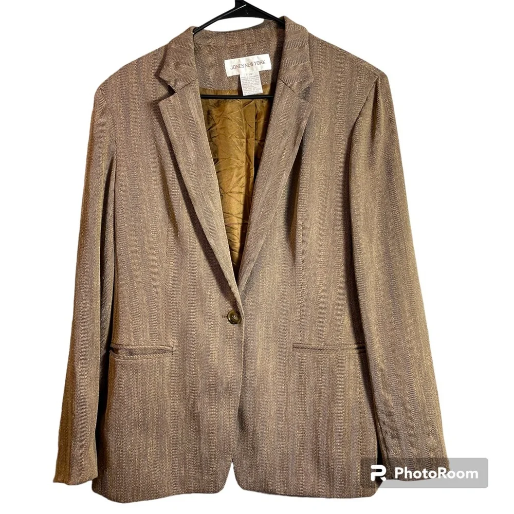Vintage Jones New York Blazer Wool Blend Herringbone  Jacket Size 14 Gently Worn